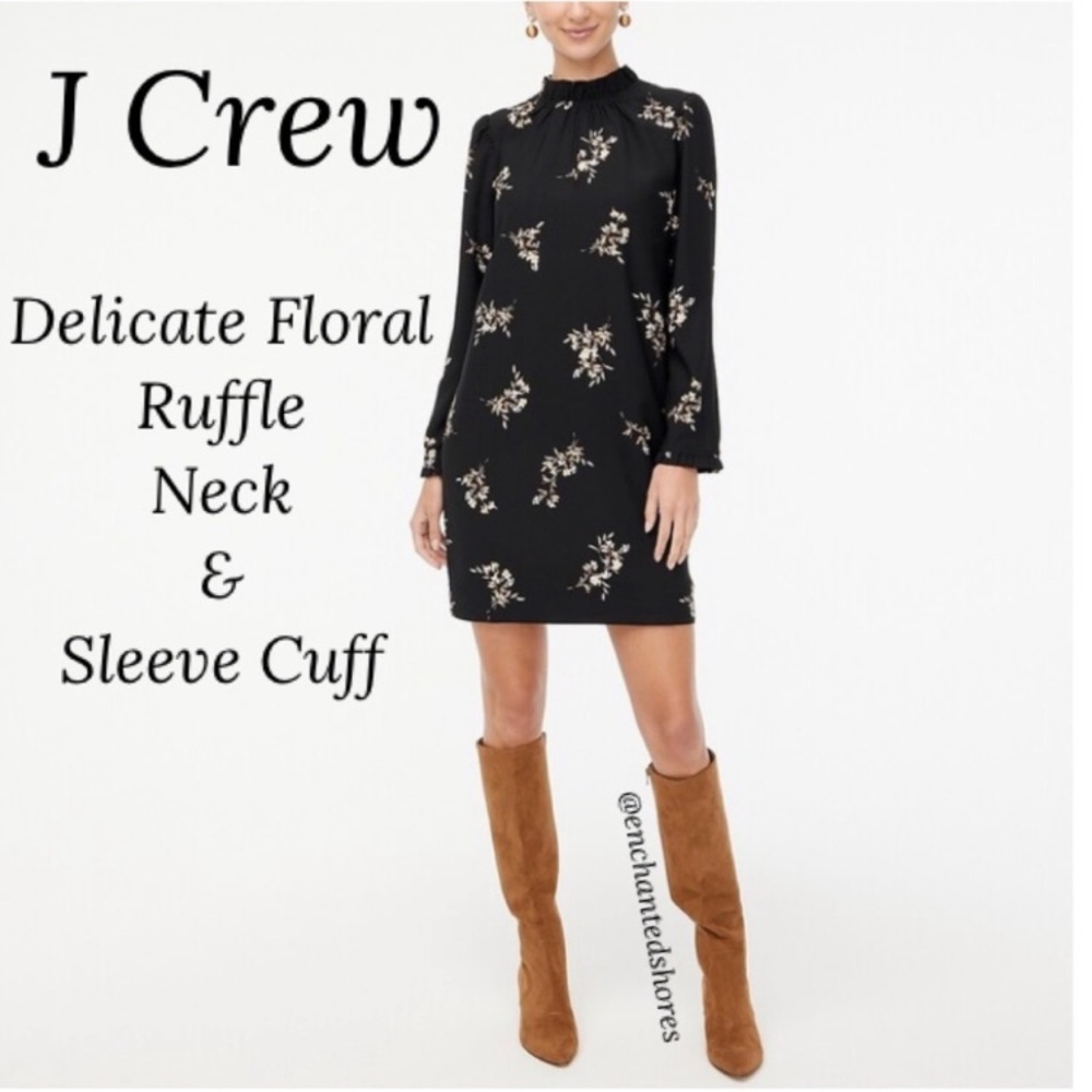 J Crew Dress Delicate Floral Romantic Ruffle Neck & Sleeve Cuff Shift Size 4 NEW